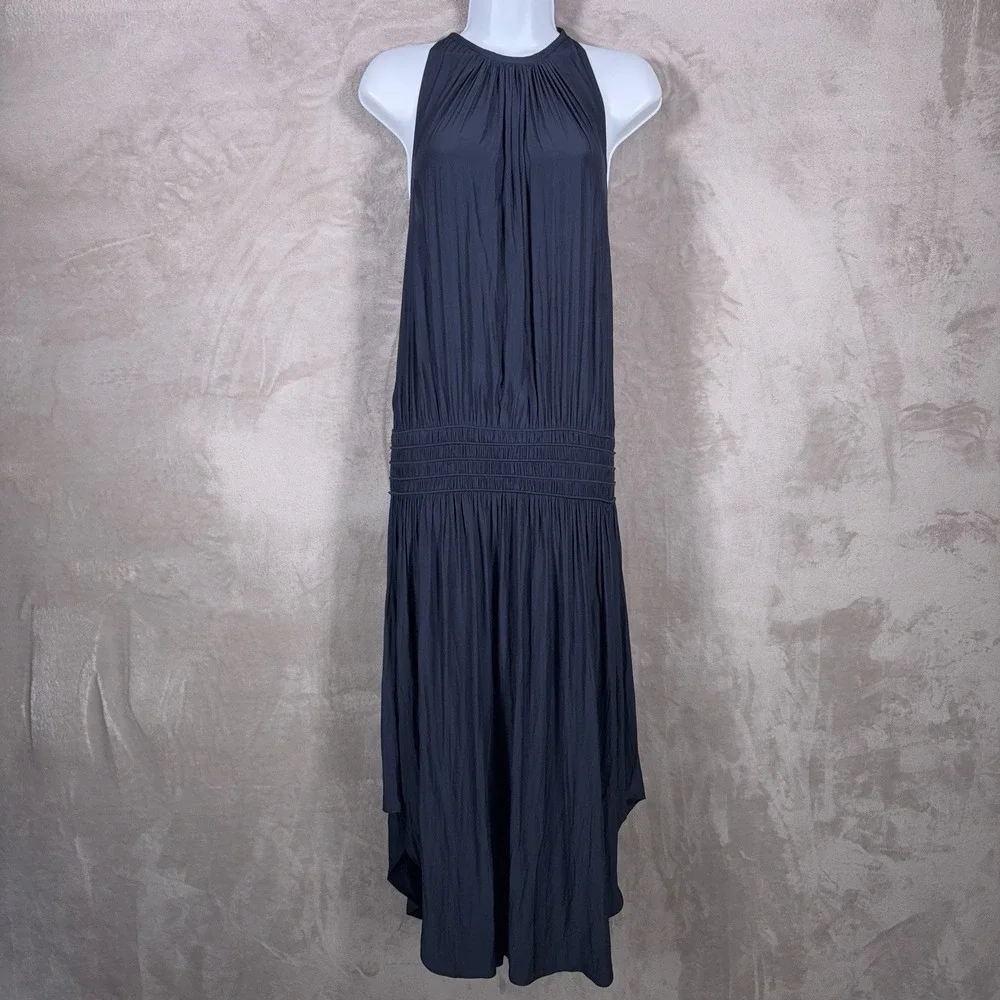 Ramy Brook Audrey Midi Dress Womens XS Blue Smocked Halter Stretch